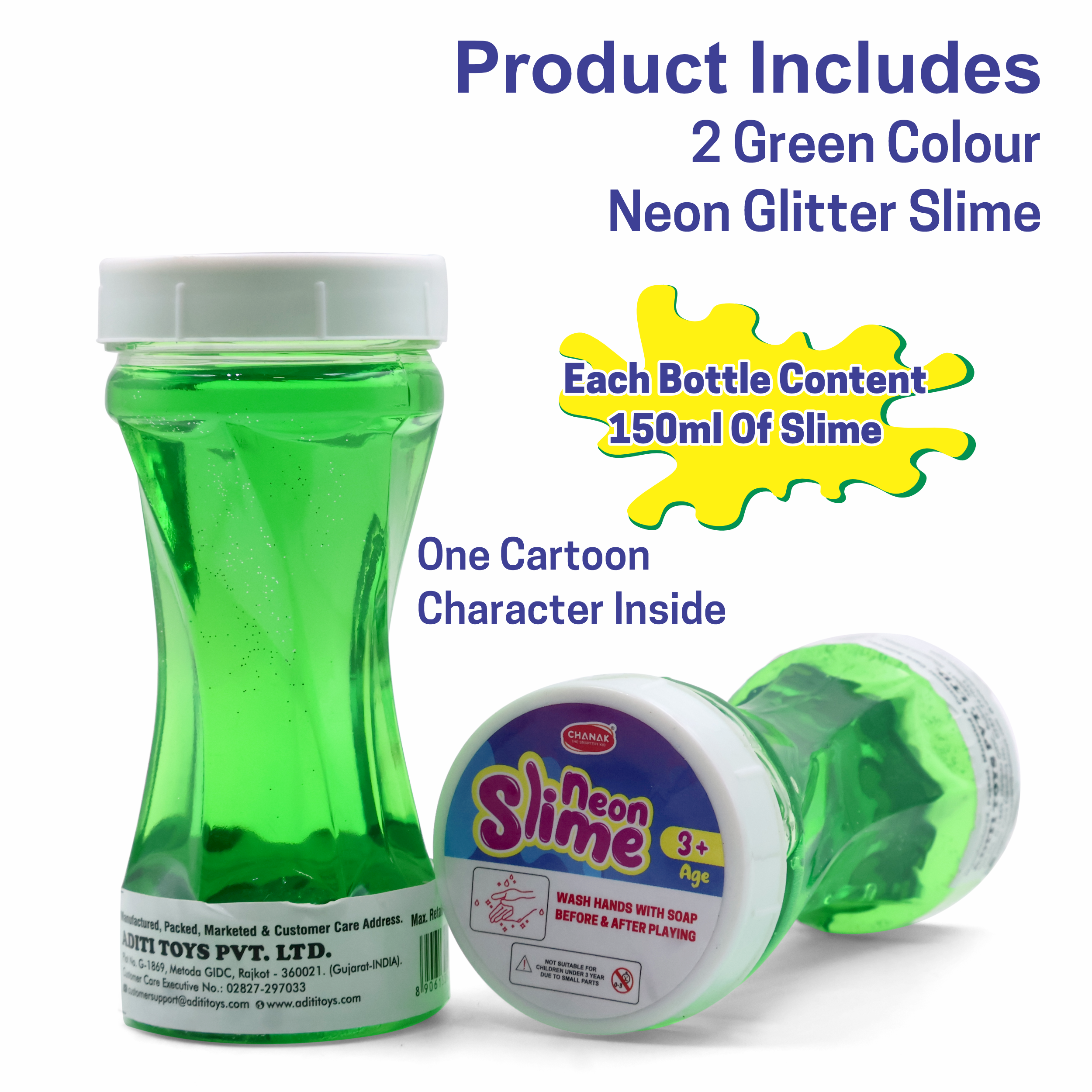 Chanak Neon Colored Glitter Scented Slime Kit - Soft, Non-Sticky, Stress-Relief Non-Toxic Squishy Slime Toy Multicolor for Kids For Boys Girls, Above 5+ Age Each 150ml (Green Pack of 2) chanak