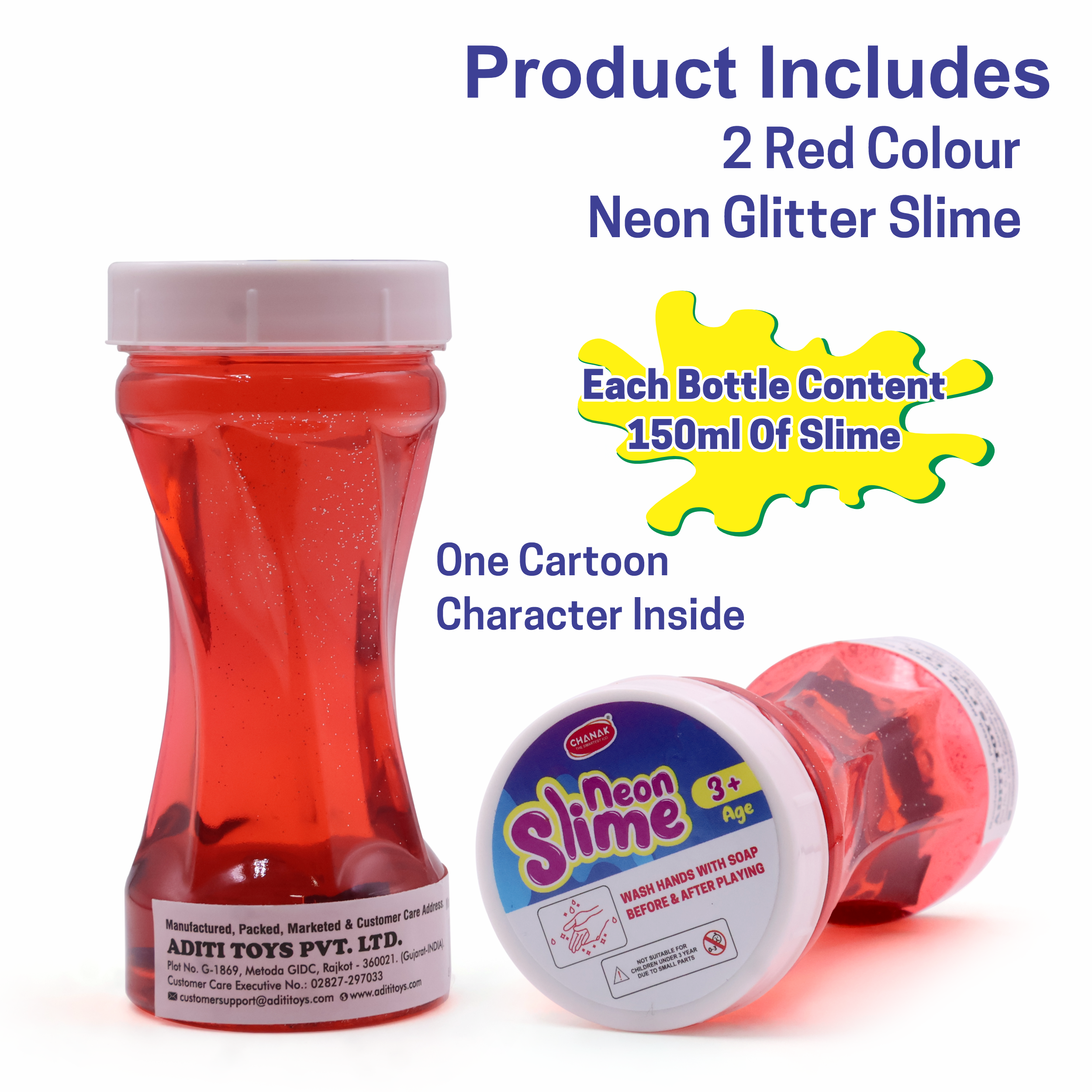 Chanak Neon Colored Glitter Scented Slime Kit - Soft, Non-Sticky, Stress-Relief Non-Toxic Squishy Slime Toy Multicolor for Kids For Boys Girls, Above 5+ Age Each 150ml (Red Pack of 2) chanak