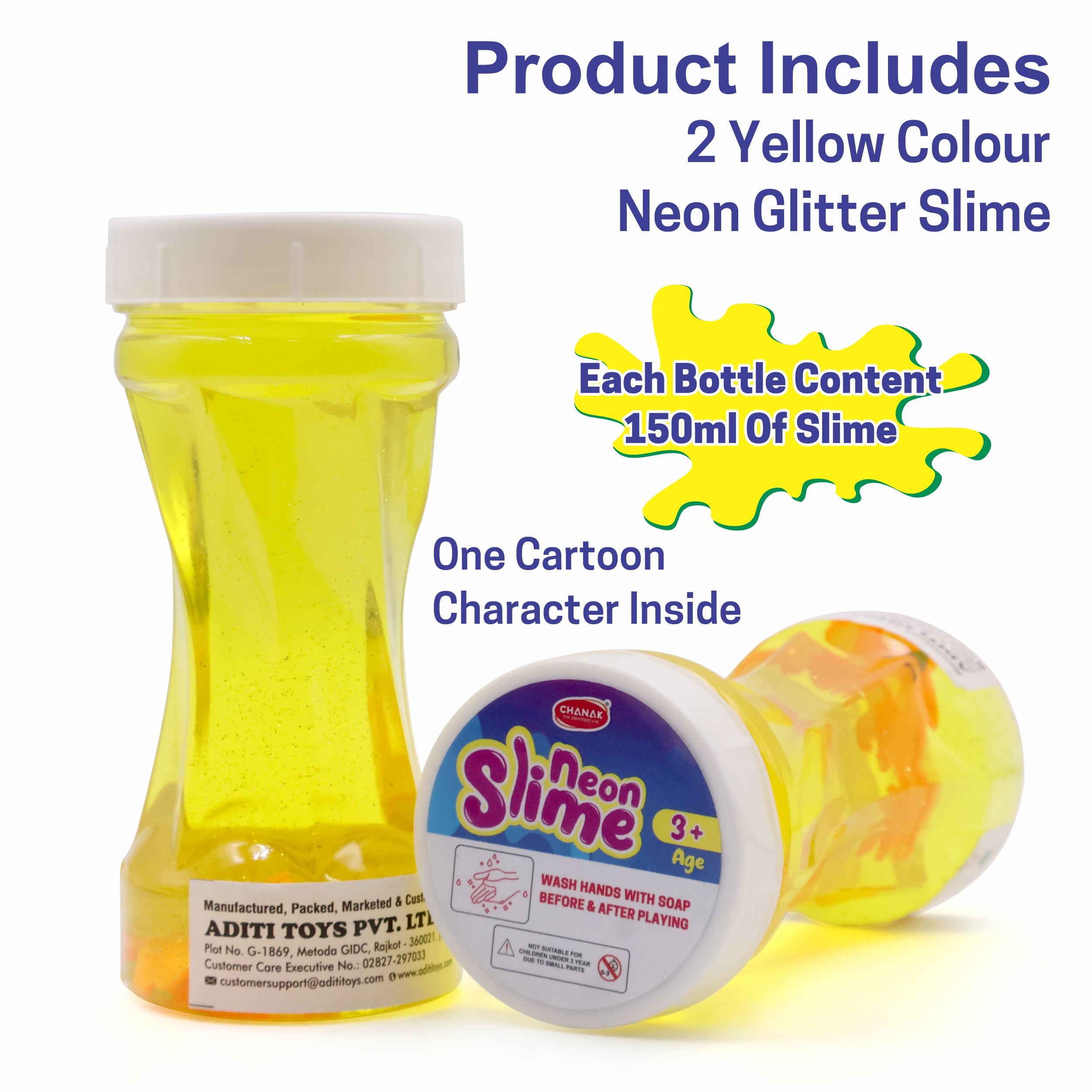 Chanak Neon Colored Glitter Scented Slime Kit - Soft, Non-Sticky, Stress-Relief Non-Toxic Squishy Slime Toy Multicolor for Kids For Boys Girls, Above 5+ Age Each 150ml (Yellow Pack of 2) chanak