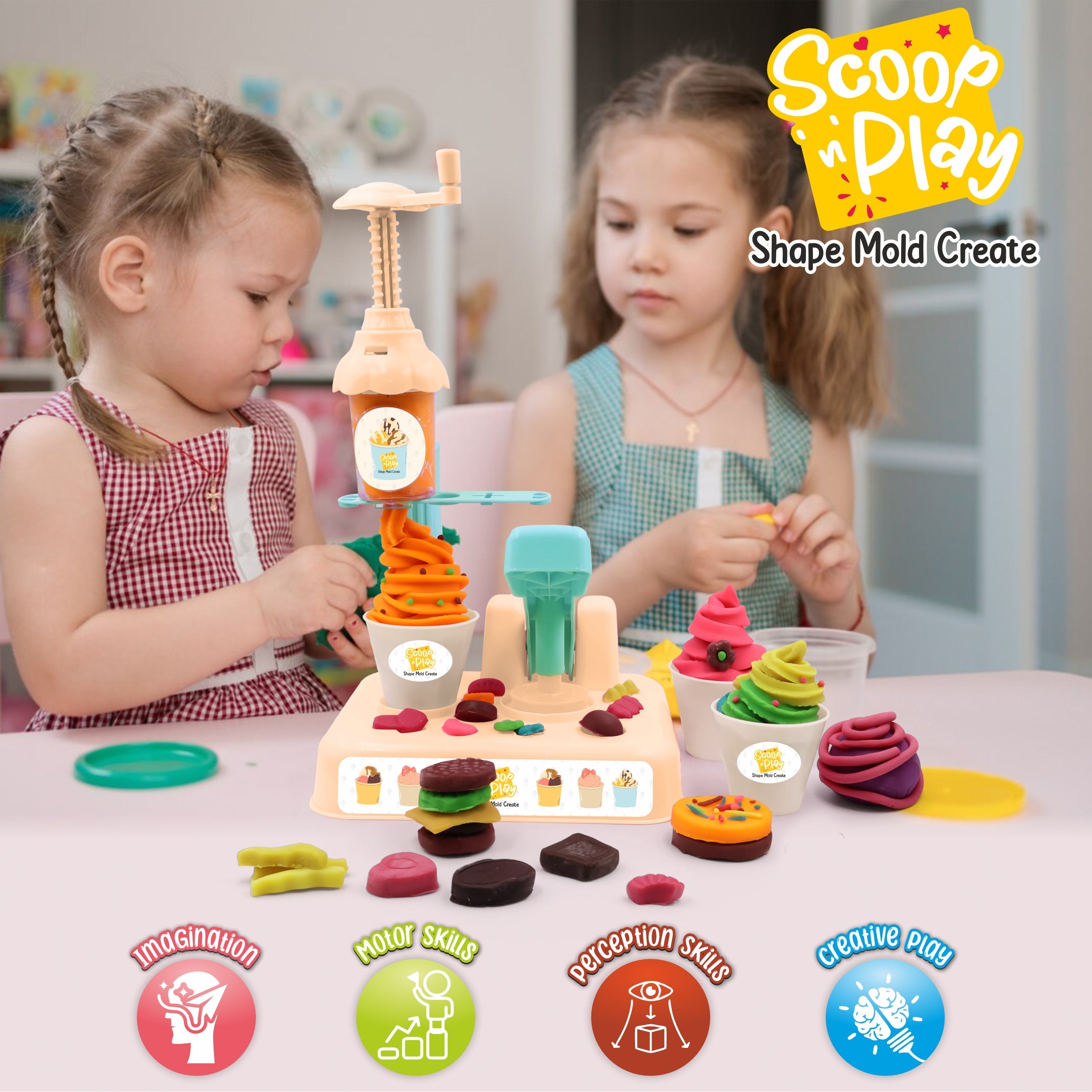 Chanak Play Dough Ice Cream Maker Set, Safe Non-Toxic Dough Kitchen Ice Cream Maker Including 6 Color Dough Tubes Each 50g For Boys Girls, Above 3+ Age (Ivory) chanak