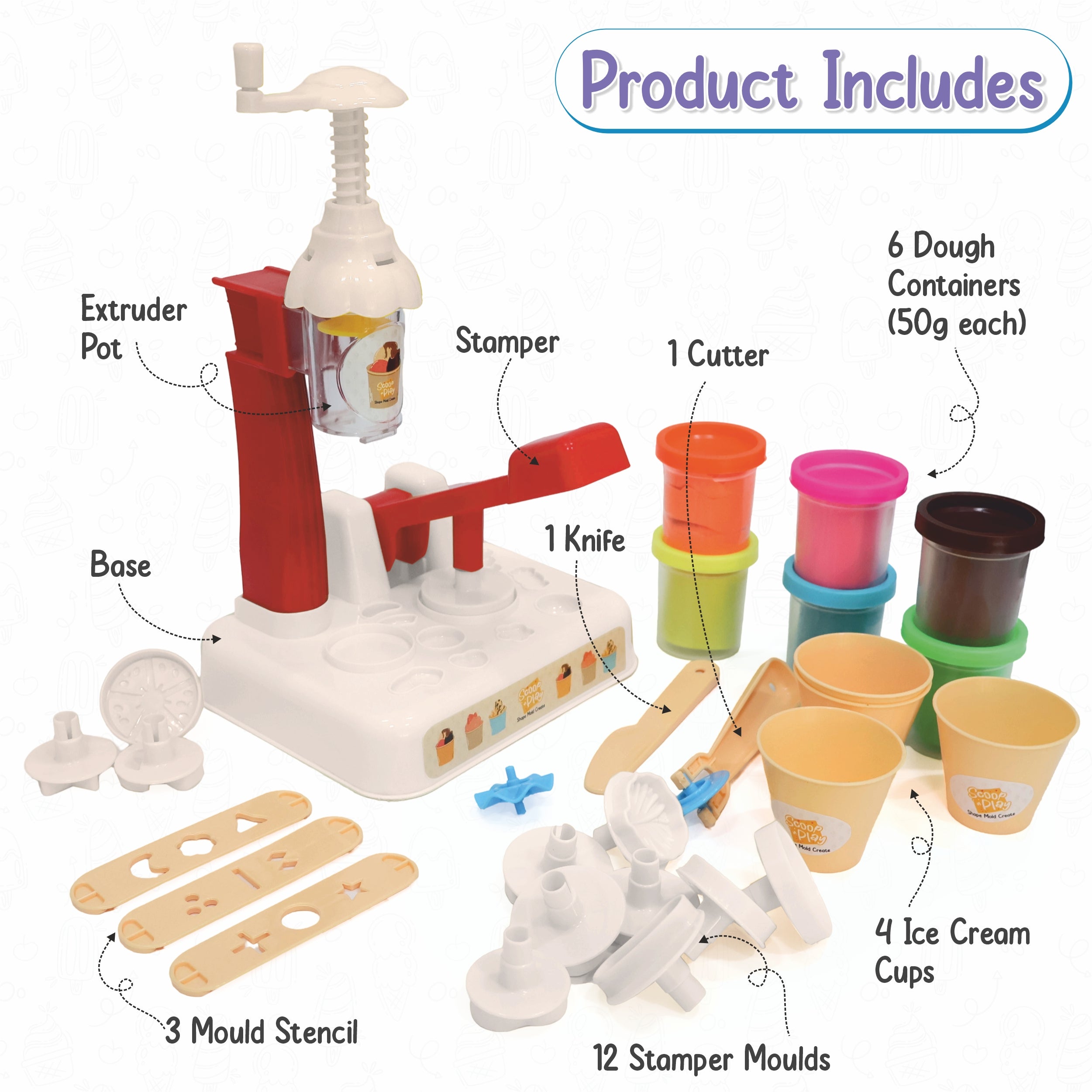 Chanak Play Dough Ice Cream Maker Set, Safe Non-Toxic Dough Kitchen Ice Cream Maker Including 6 Color Dough Tubes Each 50g For Boys Girls, Above 3+ Age (White) chanak