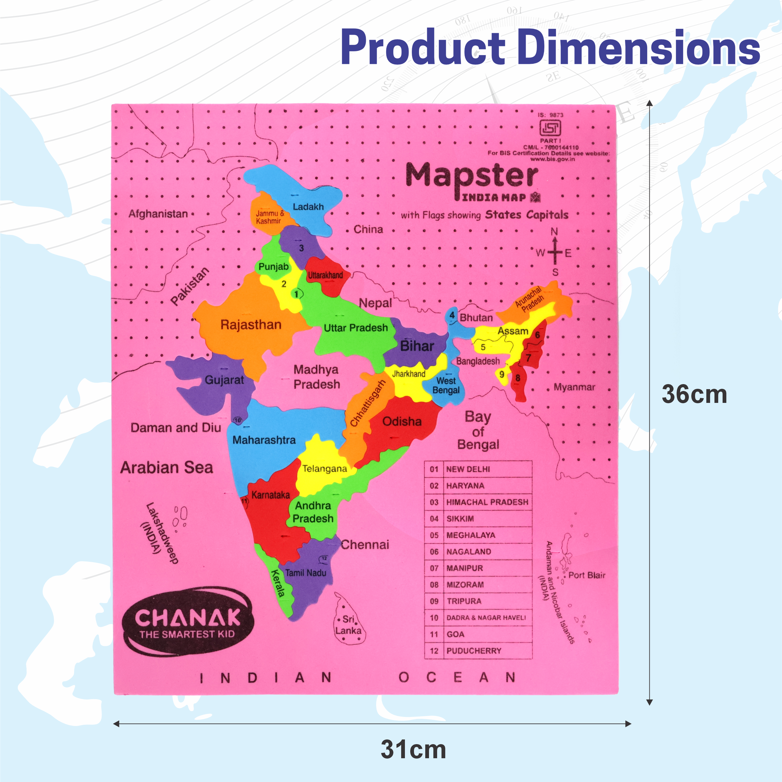 Chanak India Map Puzzle for Kids – 24-Piece Foam Map with Flags, Capitals & Union Territory Stickers – Fun & Educational Geography Toy (Ages 5–12) Aditi Toys Pvt. Ltd.