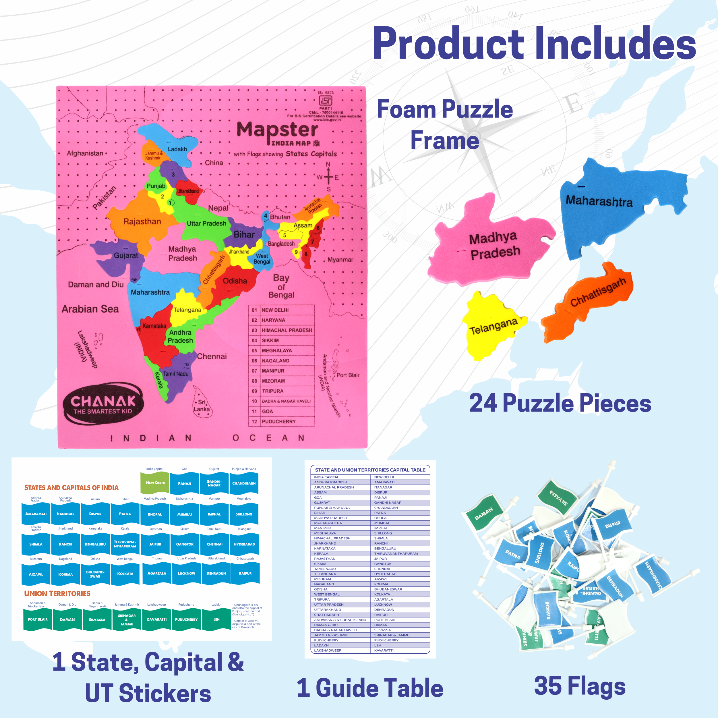 Chanak India Map Puzzle for Kids – 24-Piece Foam Map with Flags, Capitals & Union Territory Stickers – Fun & Educational Geography Toy (Ages 5–12) Aditi Toys Pvt. Ltd.