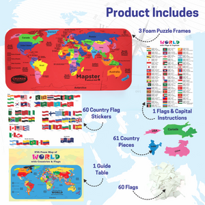 Chanak MapsterWorld Foam World Map Puzzle for Kids – 61 Country-Shaped Pieces, 60 Flags & Capital Stickers – Educational Geography Toy for Ages 5+ chanak