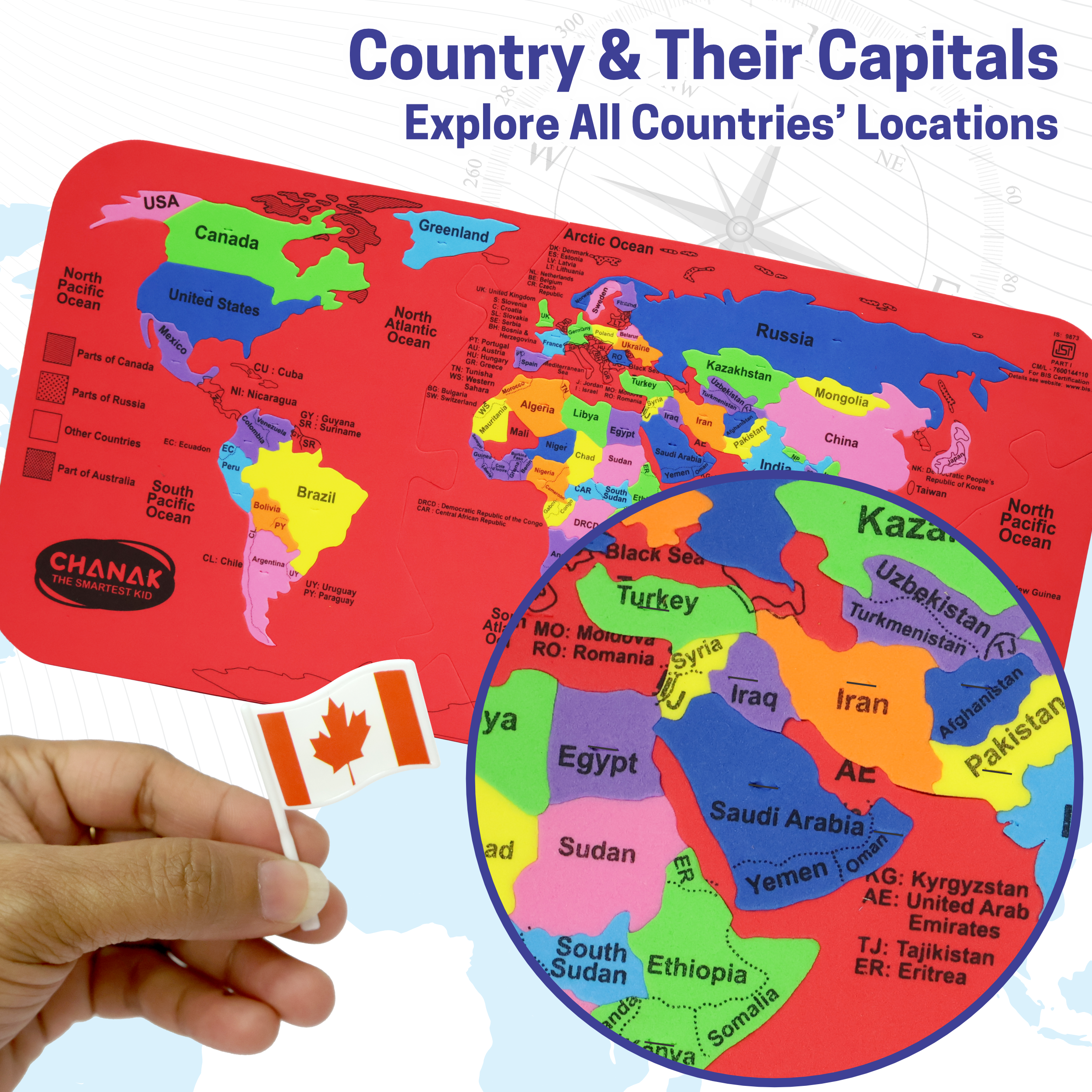 Chanak MapsterWorld Foam World Map Puzzle for Kids – 61 Country-Shaped Pieces, 60 Flags & Capital Stickers – Educational Geography Toy for Ages 5+ chanak