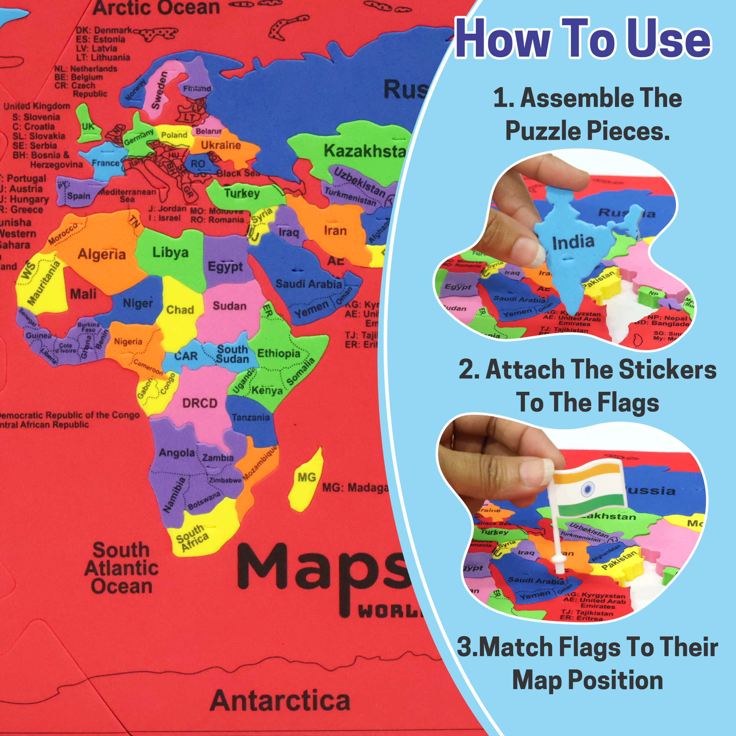 Chanak MapsterWorld Foam World Map Puzzle for Kids – 61 Country-Shaped Pieces, 60 Flags & Capital Stickers – Educational Geography Toy for Ages 5+ chanak