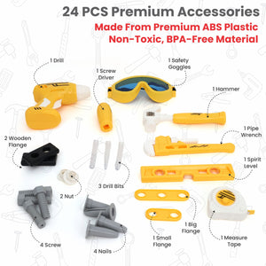 Chanak Jr. Mechanical Set Wheel Briefcase for Kids, Mechanical Set with LED Light Instruments, Pretend Play Mechanical Set for Kids Above 3 Years, 24 Piece Mechanical Set for Boys & Girls, BIS Approved. (Yellow Briefcase) chanak