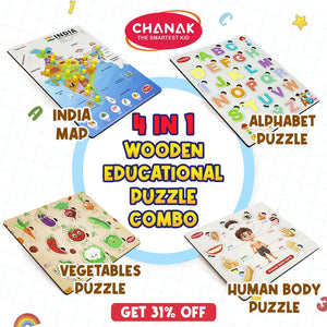 Chanak 4-in-1 Wooden Educational Puzzle Combo – Human Body, Alphabet, Vegetables & India Map – Montessori Learning Set for Toddlers & Preschoolers Age 2+ Aditi Toys Pvt. Ltd.