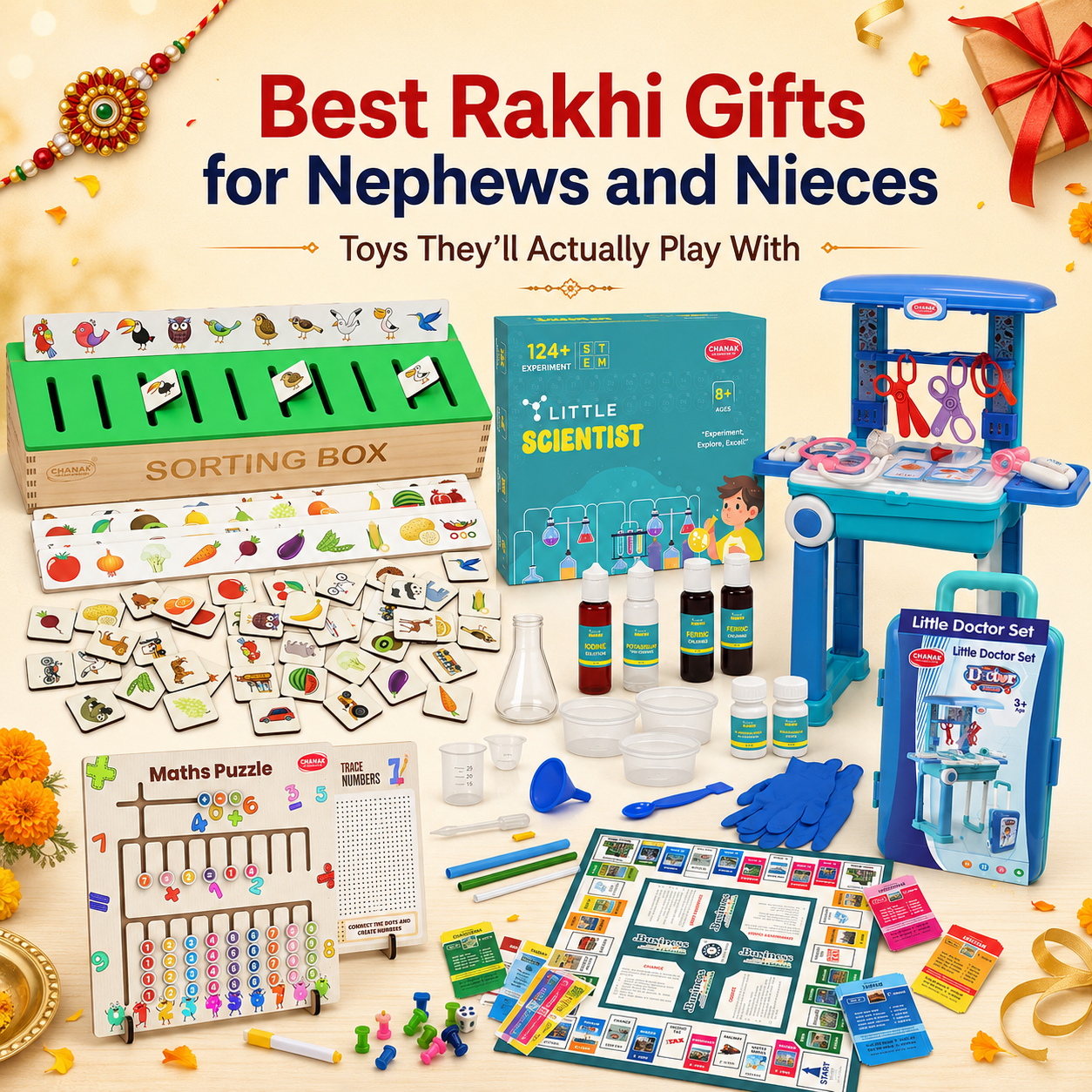Best Rakhi gifts for nephews and nieces featuring Chanak educational toys, including a sorting box, science kit, doctor set, maths puzzle and family board game.