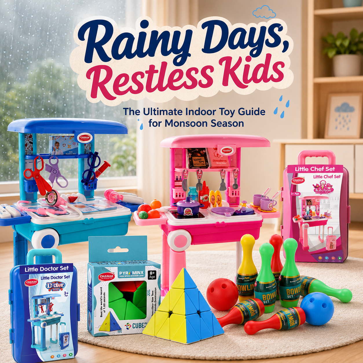 Rainy Days Restless Kids indoor toy guide for monsoon season featuring Chanak doctor set, kitchen set, pyramid puzzle and bowling set for kids