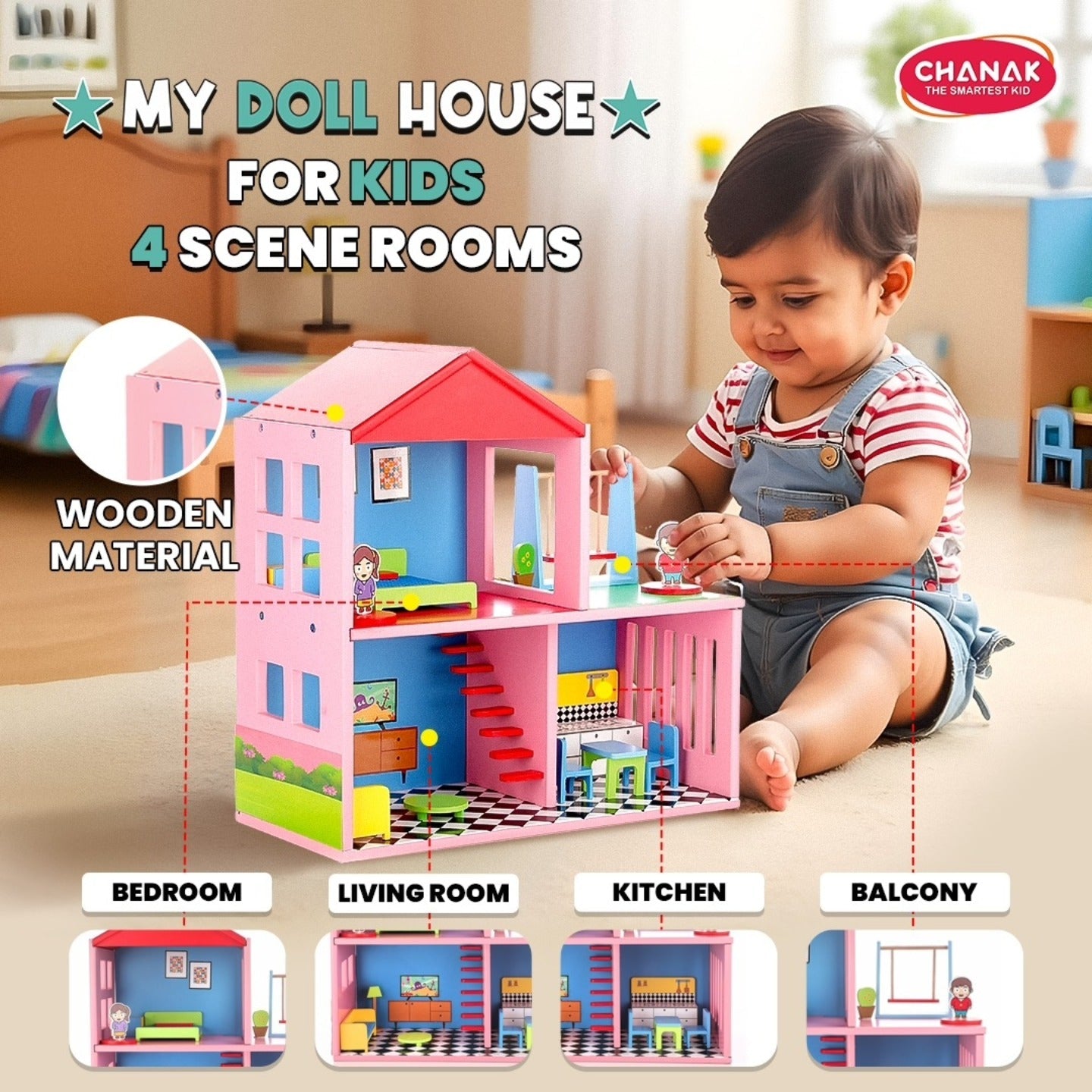 Chanak Wooden Doll House for Kids (16 Pieces) Aditi Toys Pvt. Ltd.