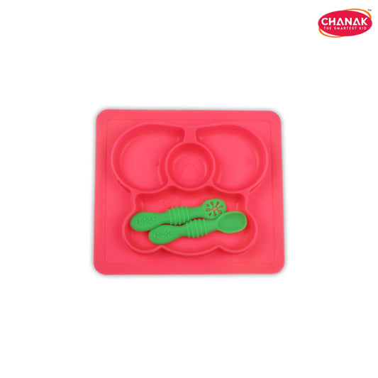 Chanak Baby Food Tray - Silicon Plate with Multiple Compartments & Two Spoons (Pink) - chanak