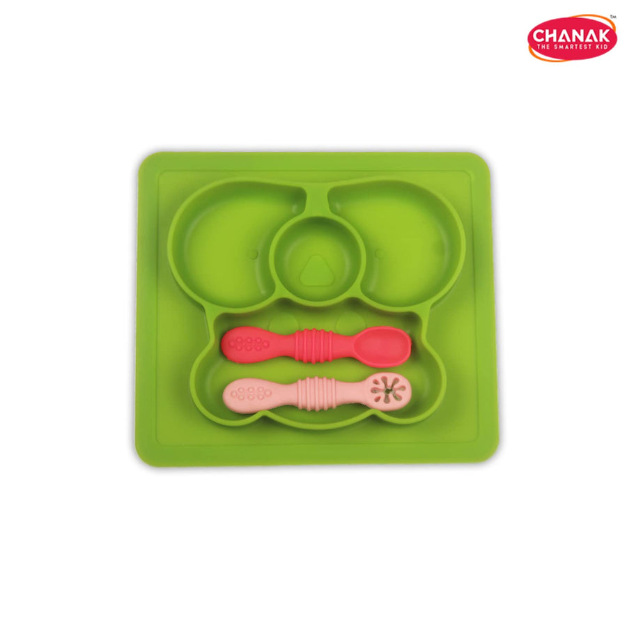 Chanak Baby Food Tray - Silicon Plate with Multiple Compartments & Two Spoons (Light Green) - chanak