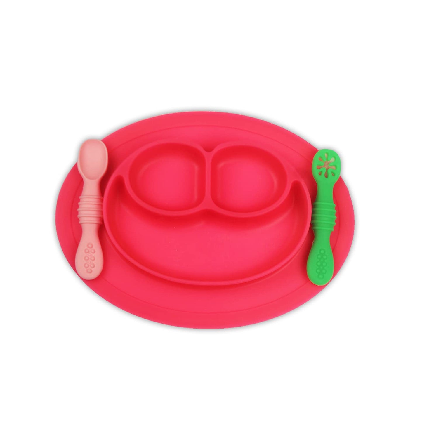 Chanak Baby Food Oval Tray - Silicon Plate with Multiple Compartments & Two Spoons (Pink) - chanak