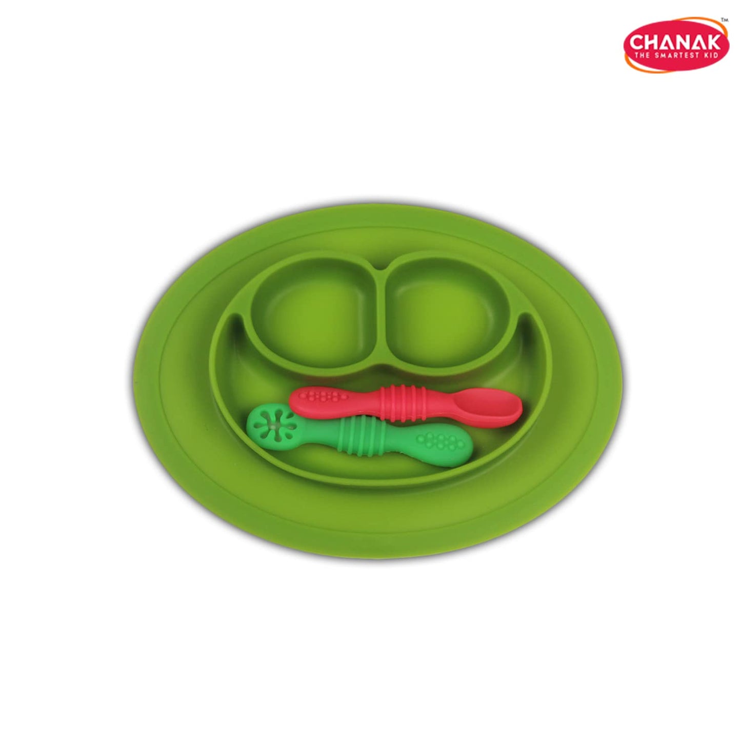 Chanak Baby Food Oval Tray - Silicon Plate with Multiple Compartments & Two Spoons (Dark Green) - chanak