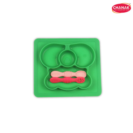 Chanak Baby Food Tray - Silicon Plate with Multiple Compartments & Two Spoons (Dark Green) - chanak