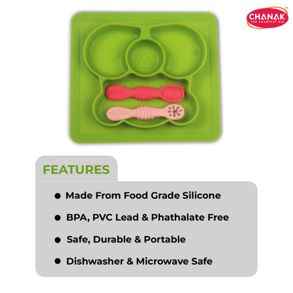 Chanak Baby Food Tray - Silicon Plate with Multiple Compartments & Two Spoons (Light Green) - chanak