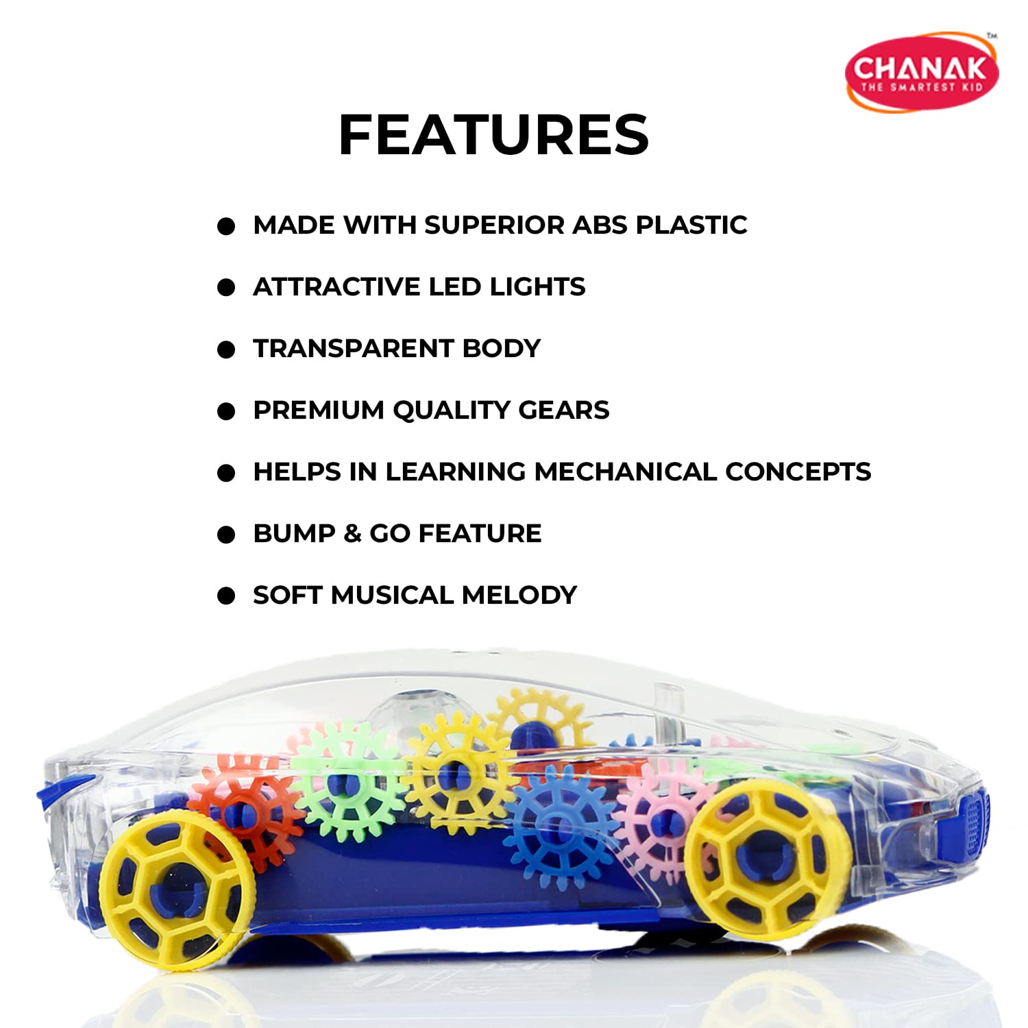 Chanak Transparent Gear Car for Kids, Concept Gear Car with Music and Light Toy for Kids, 3D Concept Plastic Car with 360 Degree Rotation, Suitable for Kids Above 3 Years, BIS Approved (Dark Blue)