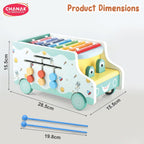 Chanak Wooden Activity Bus 6-in-1 Montessori Toys Truck Multifunctional Early Educational Musical Miles Includes Shape Sorter, Xylophone, Maze, Storage, Dancing Eyes Bus For Boys Girls, Above 3+ Age chanak