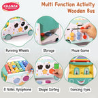 Chanak Wooden Activity Bus 6-in-1 Montessori Toys Truck Multifunctional Early Educational Musical Miles Includes Shape Sorter, Xylophone, Maze, Storage, Dancing Eyes Bus For Boys Girls, Above 3+ Age chanak