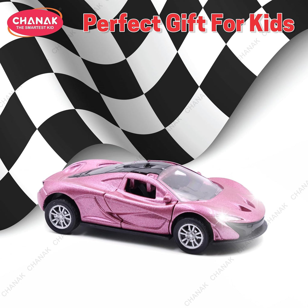 Chanak Premium Metal Die-Cast Sports Racer Car, Metal Car with Realistic Engine Sound, LED Lights, Open & Close Doors, Pull Back Car Zinc Alloy for Kids Above 3 Years, BIS Approved (Pink) chanak