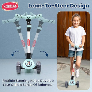 Chanak Go Rider Kick Scooter for Kids LED Light 3 Wheel Foldable Scooter with Rear Break 4 Height Adjustable with Lock for Boy & Girl 5+ Age Kids (Black-Blue) chanak