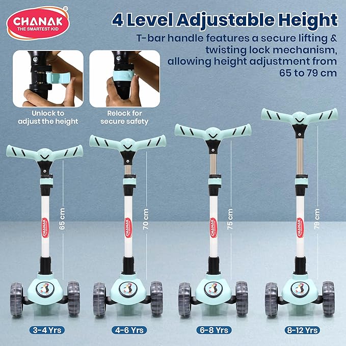 Chanak Go Rider Kick Scooter for Kids LED Light 3 Wheel Foldable Scooter with Rear Break 4 Height Adjustable with Lock for Boy & Girl 5+ Age Kids (Black-Blue) chanak