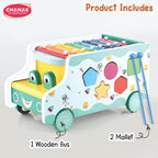 Chanak Wooden Activity Bus 6-in-1 Montessori Toys Truck Multifunctional Early Educational Musical Miles Includes Shape Sorter, Xylophone, Maze, Storage, Dancing Eyes Bus For Boys Girls, Above 3+ Age chanak