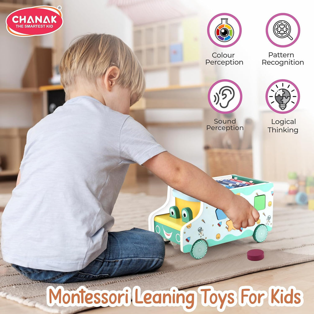 Chanak Wooden Activity Bus 6-in-1 Montessori Toys Truck Multifunctional Early Educational Musical Miles Includes Shape Sorter, Xylophone, Maze, Storage, Dancing Eyes Bus For Boys Girls, Above 3+ Age chanak