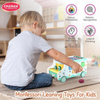 Chanak Wooden Activity Bus 6-in-1 Montessori Toys Truck Multifunctional Early Educational Musical Miles Includes Shape Sorter, Xylophone, Maze, Storage, Dancing Eyes Bus For Boys Girls, Above 3+ Age chanak