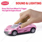 Chanak Premium Metal Die-Cast Sports Racer Car, Metal Car with Realistic Engine Sound, LED Lights, Open & Close Doors, Pull Back Car Zinc Alloy for Kids Above 3 Years, BIS Approved (Pink) chanak