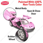 Chanak Premium Metal Die-Cast Sports Racer Car, Metal Car with Realistic Engine Sound, LED Lights, Open & Close Doors, Pull Back Car Zinc Alloy for Kids Above 3 Years, BIS Approved (Pink) chanak