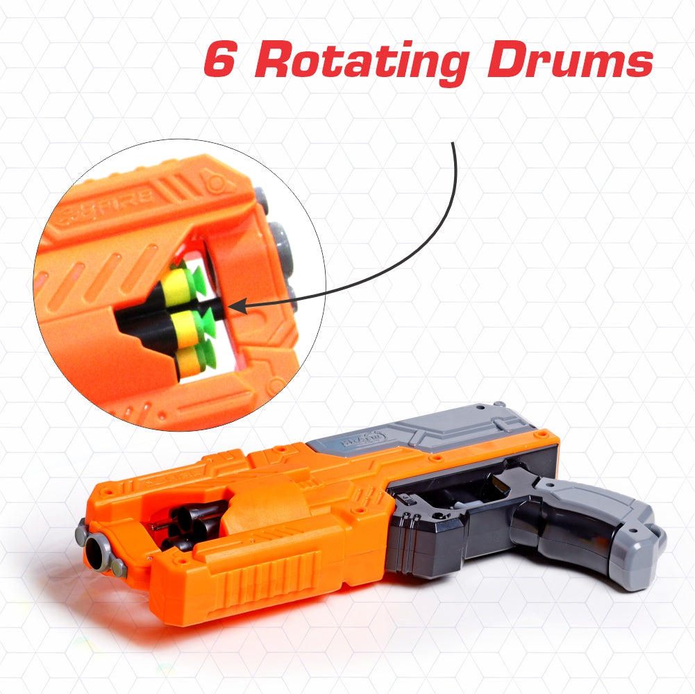 Chanak High Performance Six Fire Gun, Toy Blaster Gun With 6 Dart Rotating Drum, Hi-Arm Toy Gun For Kids Above 6 years, Accurate Upto 45 Feet, Includes 10 Soft Bullet Darts, BIS Approved. (Orange)