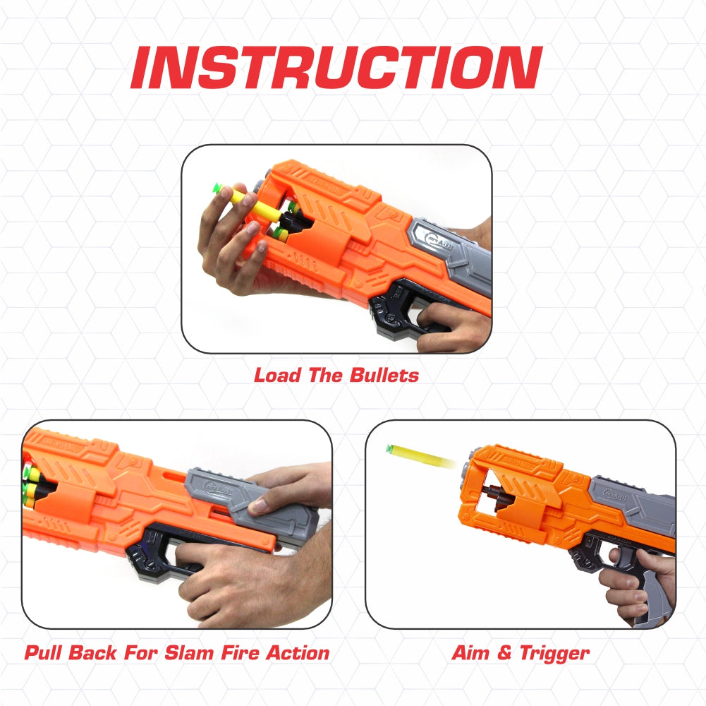 Chanak High Performance Six Fire Gun, Toy Blaster Gun With 6 Dart Rotating Drum, Hi-Arm Toy Gun For Kids Above 6 years, Accurate Upto 45 Feet, Includes 10 Soft Bullet Darts, BIS Approved. (Orange)