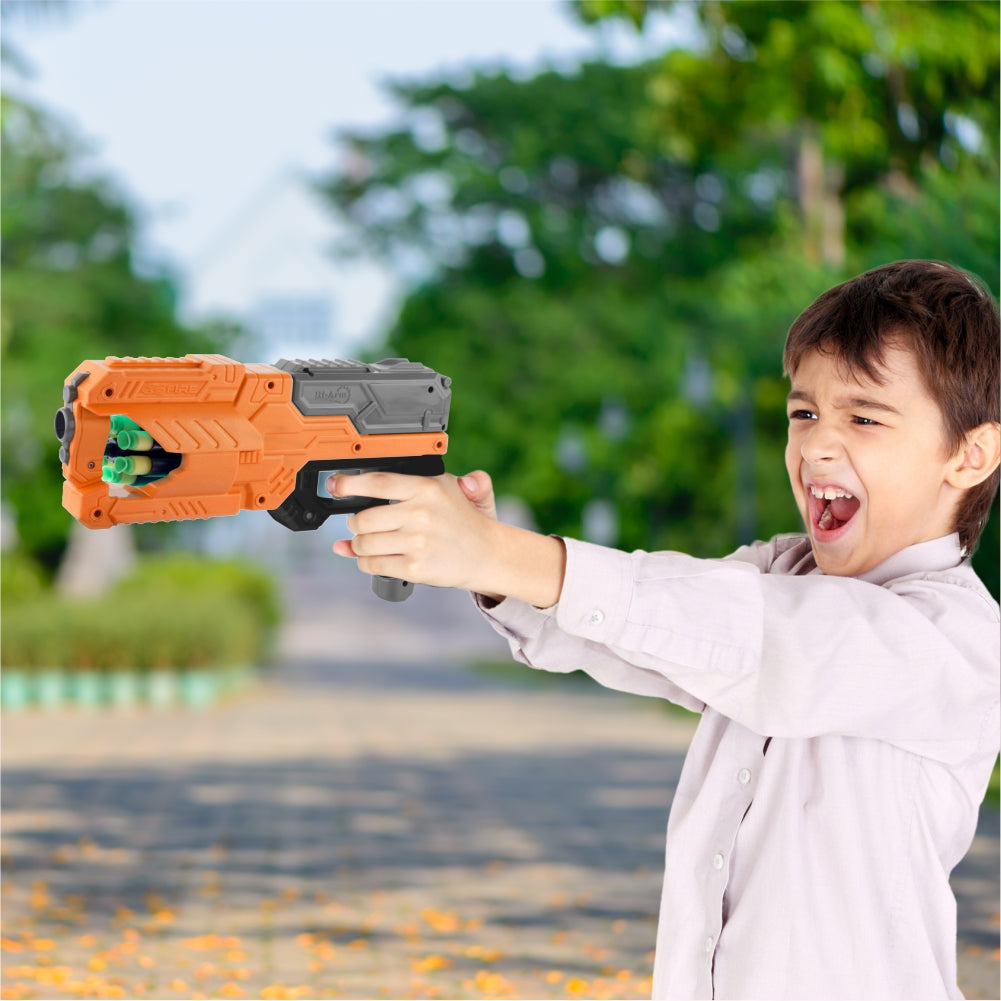 Chanak High Performance Six Fire Gun, Toy Blaster Gun With 6 Dart Rotating Drum, Hi-Arm Toy Gun For Kids Above 6 years, Accurate Upto 45 Feet, Includes 10 Soft Bullet Darts, BIS Approved. (Orange)