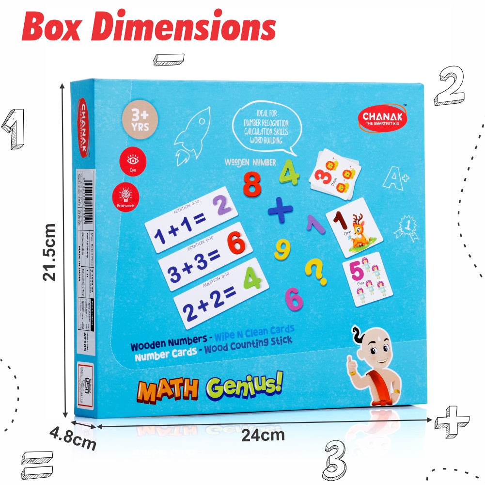 Chanak Math Genius for Kids, Mathematics Learning Toy, Wooden Numbers with Wipe & Clean Cards, Educational Math Card Game, Early Math Skill Booster Kit for Kids Above 3+ Age