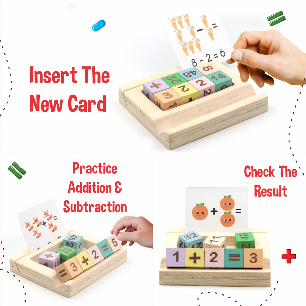Chanak Wooden MathTime for Kids, Educational Math Card Game with Wooden Block & Flashcards, Addition & Subtraction Learning Toy for Kids Above Age 3