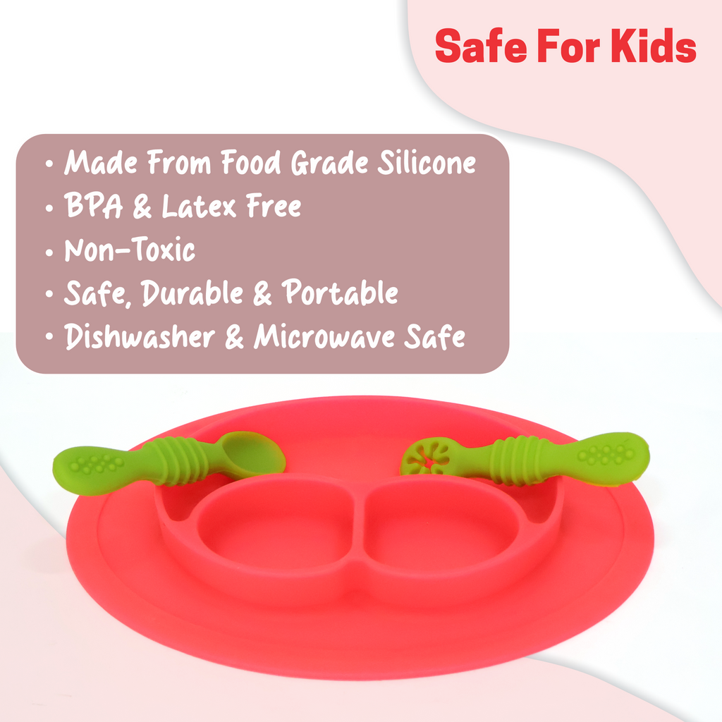 Chanak Oval Baby Food Tray, Silicon Food Plate with Multiple Compartments & Two Spoons, Silicone Plate for Feeding Baby, Easy to Clean Silicon Plate Microwave & Dishwasher Safe. (Dark Pink) chanak