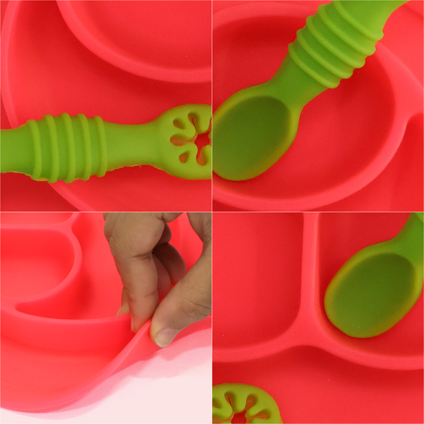 Chanak Oval Baby Food Tray, Silicon Food Plate with Multiple Compartments & Two Spoons, Silicone Plate for Feeding Baby, Easy to Clean Silicon Plate Microwave & Dishwasher Safe. (Dark Pink) chanak