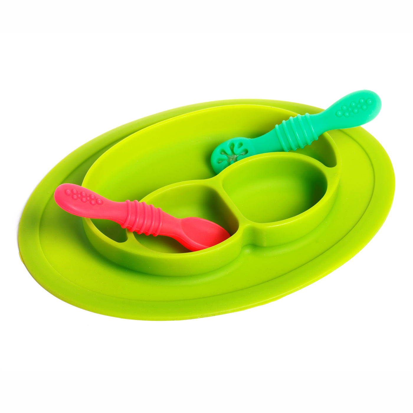 Chanak Baby Food Oval Tray - Silicon Plate with Multiple Compartments & Two Spoons (Dark Green) Aditi Toys Pvt. Ltd.