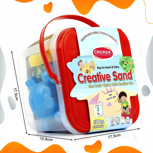 Chanak 1kg Creative Sand Box For Kids, Sand Kit With 5 Large Moulds & 8 Small Moulds, Non-Toxic And Stain Free Sand For Kids For Indoor And Outdoor Kid Activity, Suitable For Kids Above 3 Years, (1KG Sand Kit)