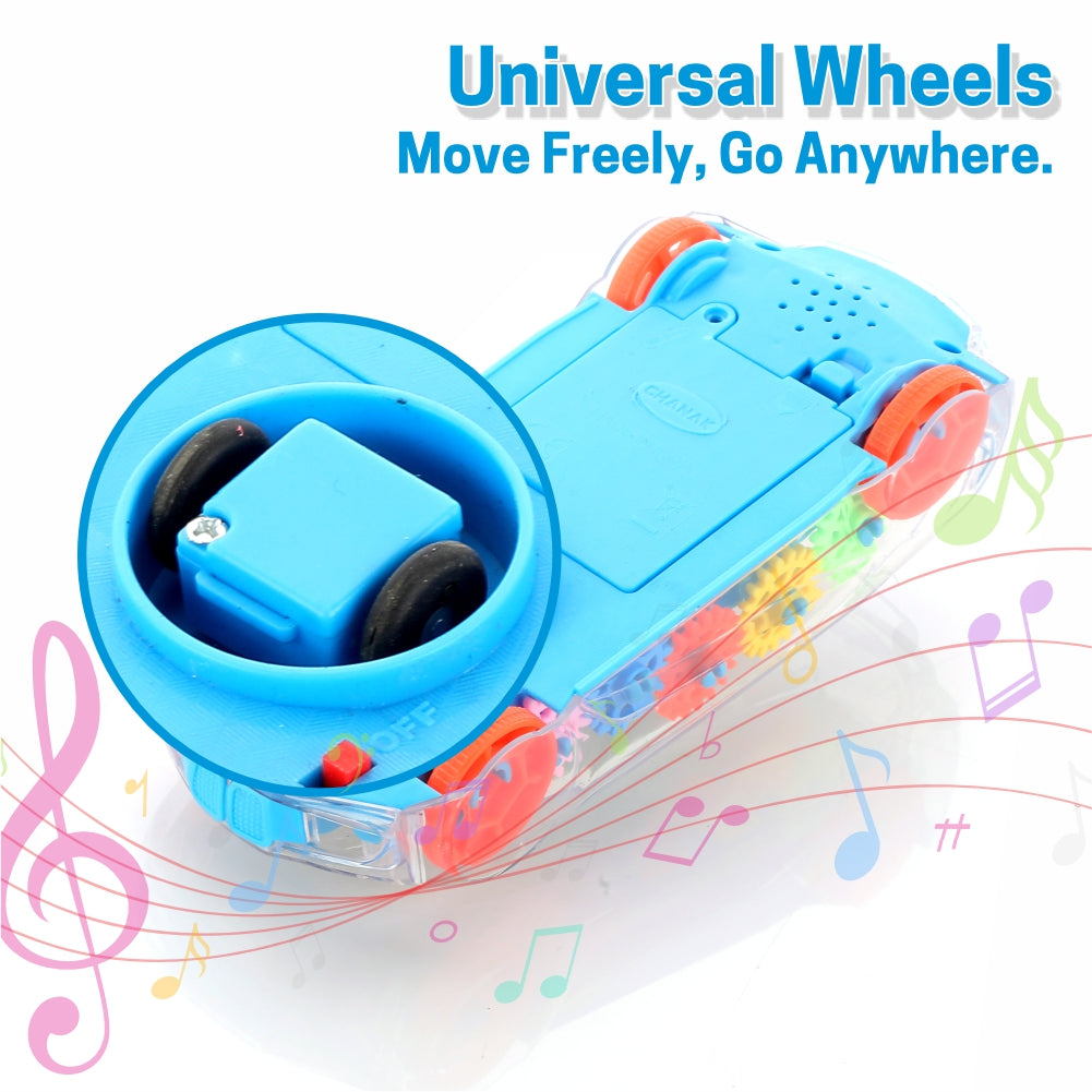 Chanak Transparent Gear Car for Kids, Concept Gear Car with Music and Light Toy for Kids, 3D Concept Plastic Car with 360 Degree Rotation, Suitable for Kids Above 3 Years, BIS Approved (Sky Blue)