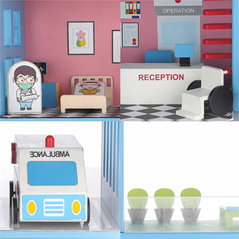 Chanak Wooden Hospital Set for Kids, Role Playing Hospital Set with 4 Rooms, Pretend & Play Doctor Accessories for Kids Above 3 Years, Painted with 100% Non-Toxic Colors, BIS Approved. (18 Pieces)