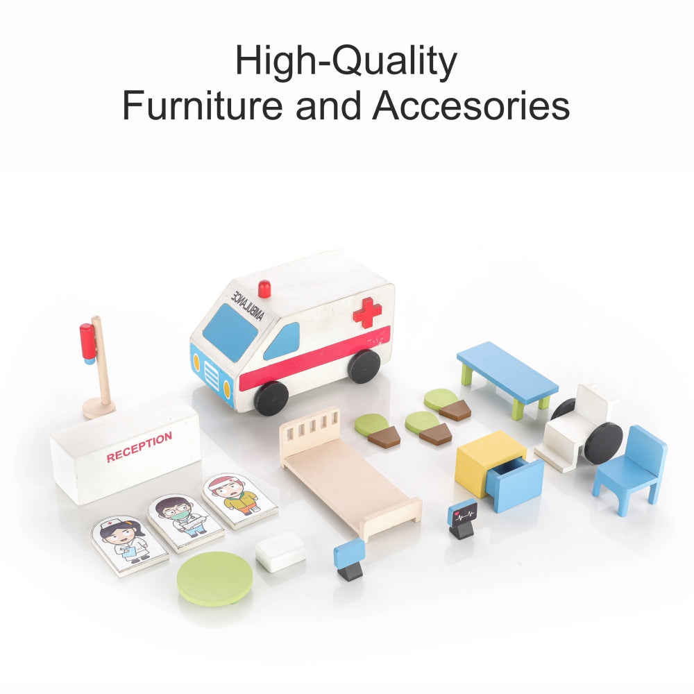 Chanak Wooden Hospital Set for Kids, Role Playing Hospital Set with 4 Rooms, Pretend & Play Doctor Accessories for Kids Above 3 Years, Painted with 100% Non-Toxic Colors, BIS Approved. (18 Pieces)