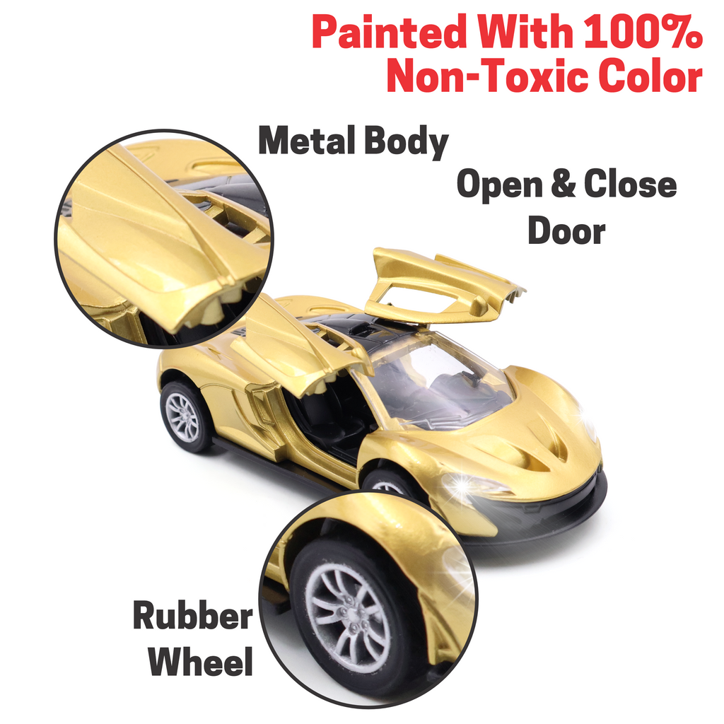 Chanak Die-Cast Metal Pull Back Car for Kids 3+ Years | LED Lights & Realistic Engine Sound – BIS Approved (Gold)