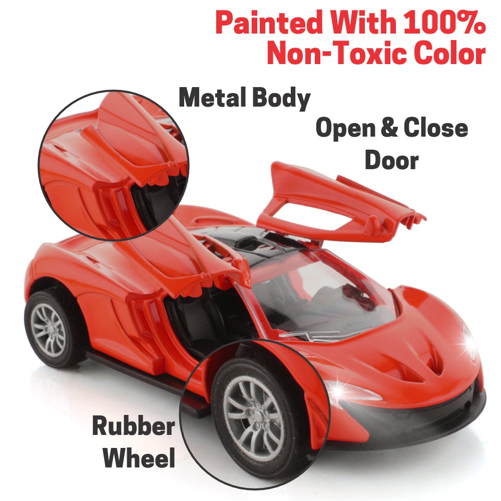 Chanak Die-Cast Metal Pull Back Car for Kids 3+ Years | LED Lights & Realistic Engine Sound – BIS Approved (Red)