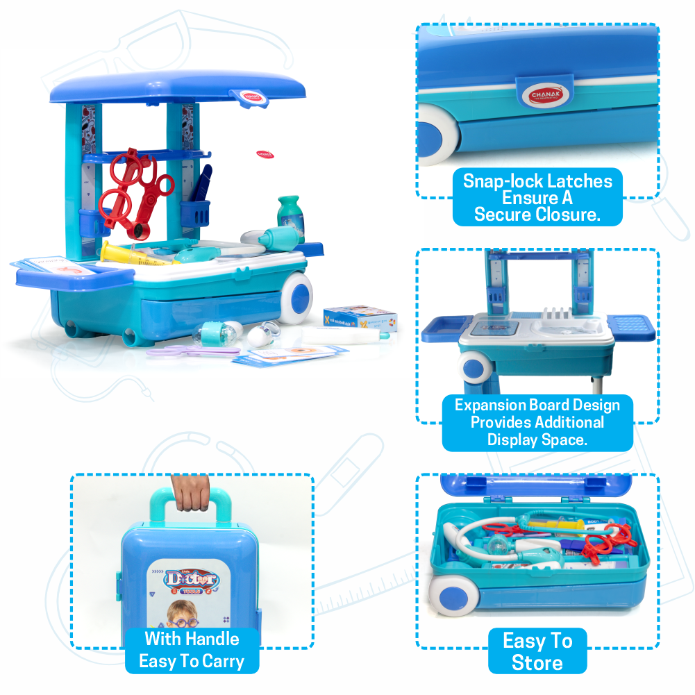 Premium Doctor Set Trolley for Kids with LED Light Instruments (Blue) - chanak