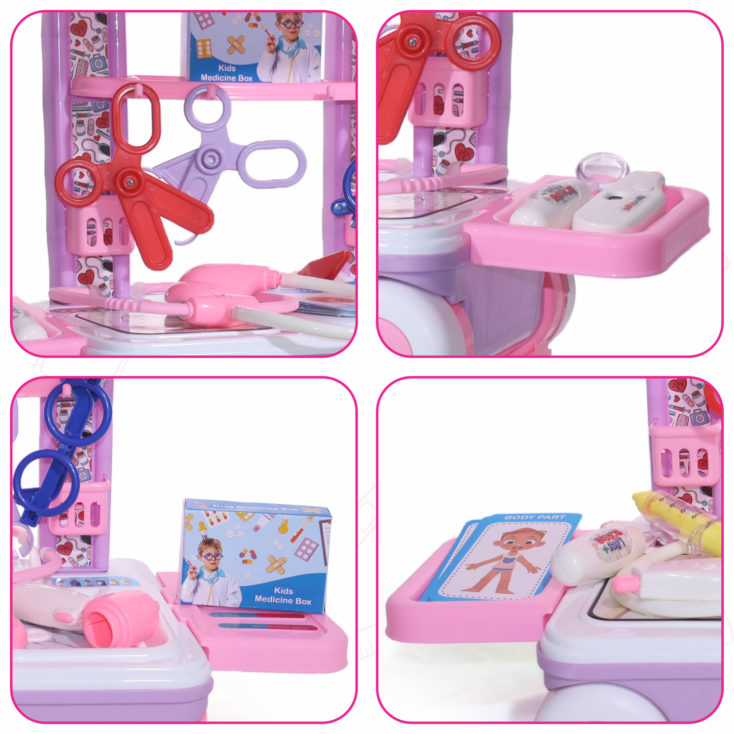 Premium Doctor Set Trolley for Kids with LED Light Instruments Pink