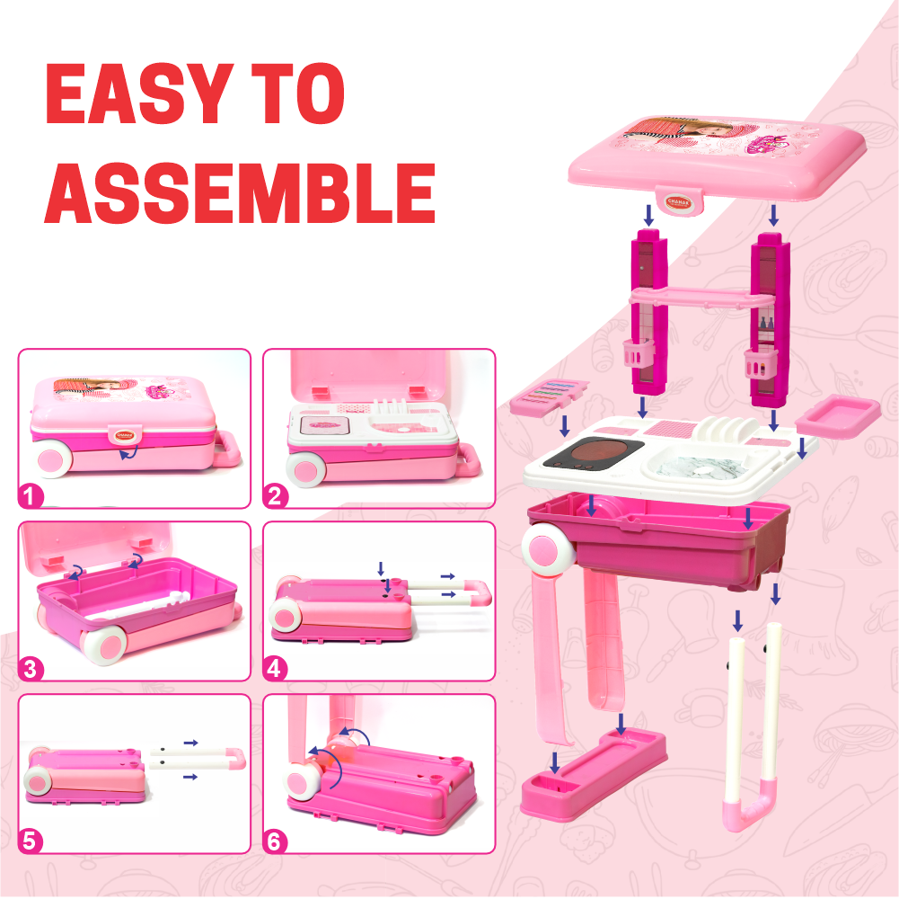 Chanak 2-in-1 Kids Pretend Play Combo – Kitchen Set with Realistic Stove & Beauty Set Trolley | 49 PCS | 3-in-1 Convertible | Gift for Girls (Ages 2–5) Aditi Toys Pvt. Ltd.