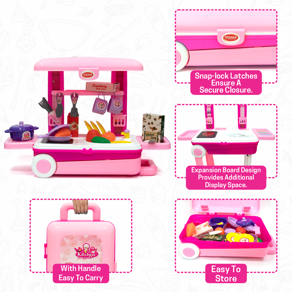 Chanak 2-in-1 Kids Pretend Play Combo – Kitchen Set with Realistic Stove & Beauty Set Trolley | 49 PCS | 3-in-1 Convertible | Gift for Girls (Ages 2–5) Aditi Toys Pvt. Ltd.